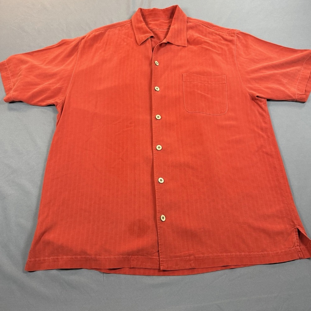 Tommy Bahama Mens Large Red 100% SilK Short Sleeve Button Down Shirt READ BELOW